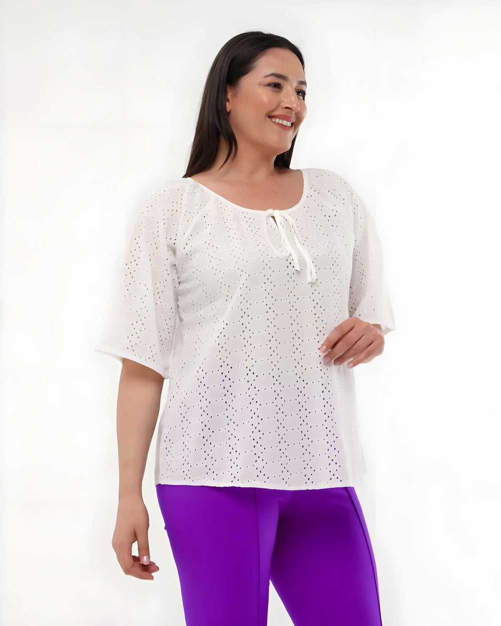 Plus Size Cotton Raglan Sleeve Blouse - Hanezza Gathered Neckline - Image 2