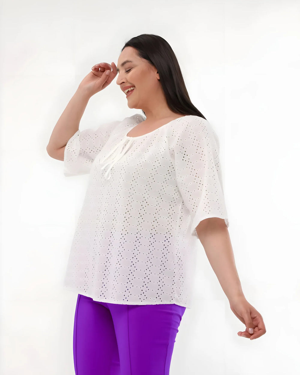 Plus Size Cotton Raglan Sleeve Blouse - Hanezza Gathered Neckline - Image 3