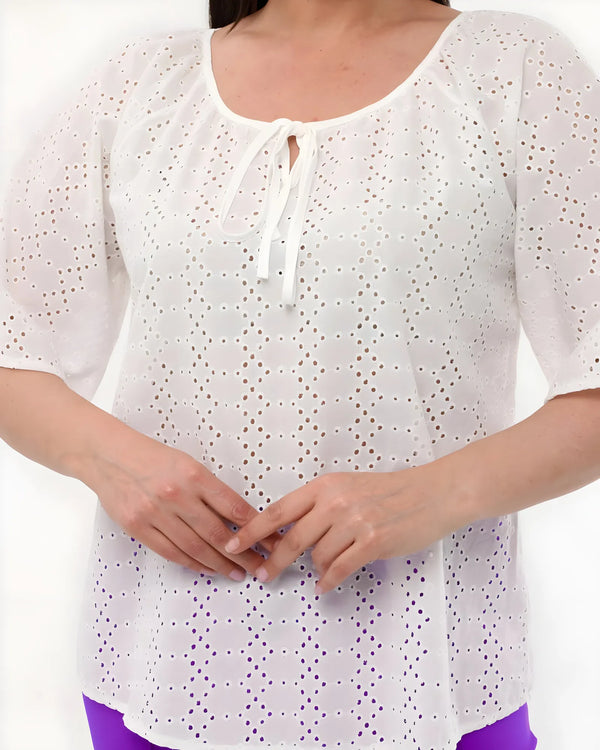 Plus Size Cotton Raglan Sleeve Blouse - Hanezza Gathered Neckline