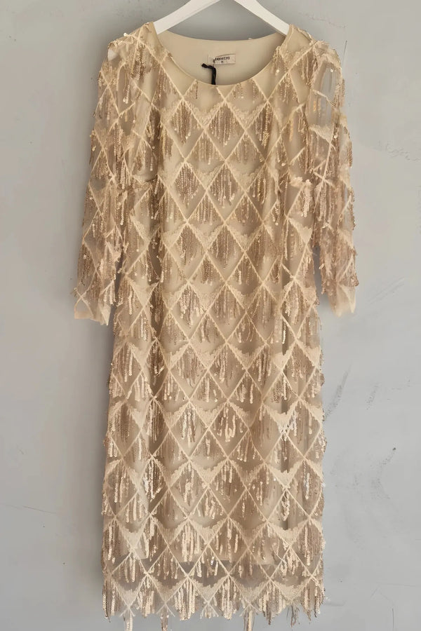 Büyük Beden Payetli Abiye Elbise Astarlı Dore Şampanya Rengi