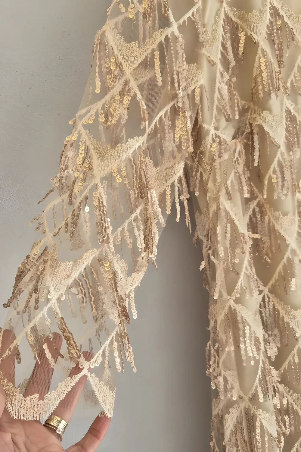 Büyük Beden Payetli Abiye Elbise Astarlı Dore Şampanya Rengi - Image 3