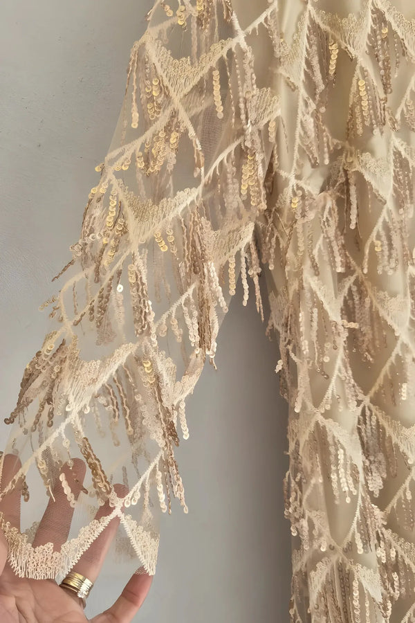 Büyük Beden Payetli Abiye Elbise Astarlı Dore Şampanya Rengi