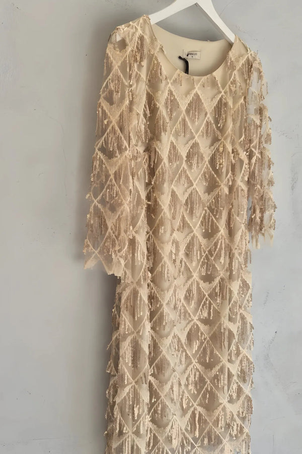 Büyük Beden Payetli Abiye Elbise Astarlı Dore Şampanya Rengi