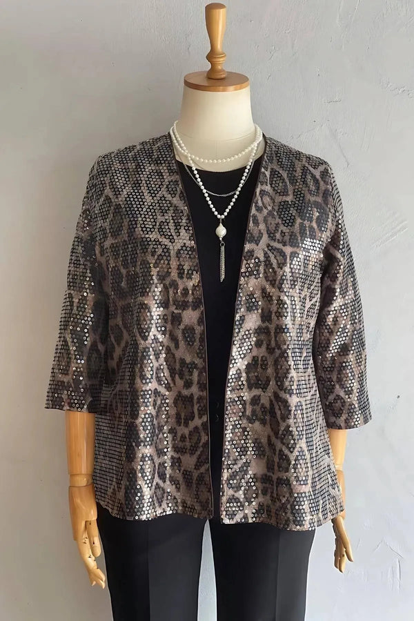 Büyük Beden Kadın Büyük Beden Pul Payet Abiye Ceket Büyük Beden Ceket Kahverengi Leopar Desenli
