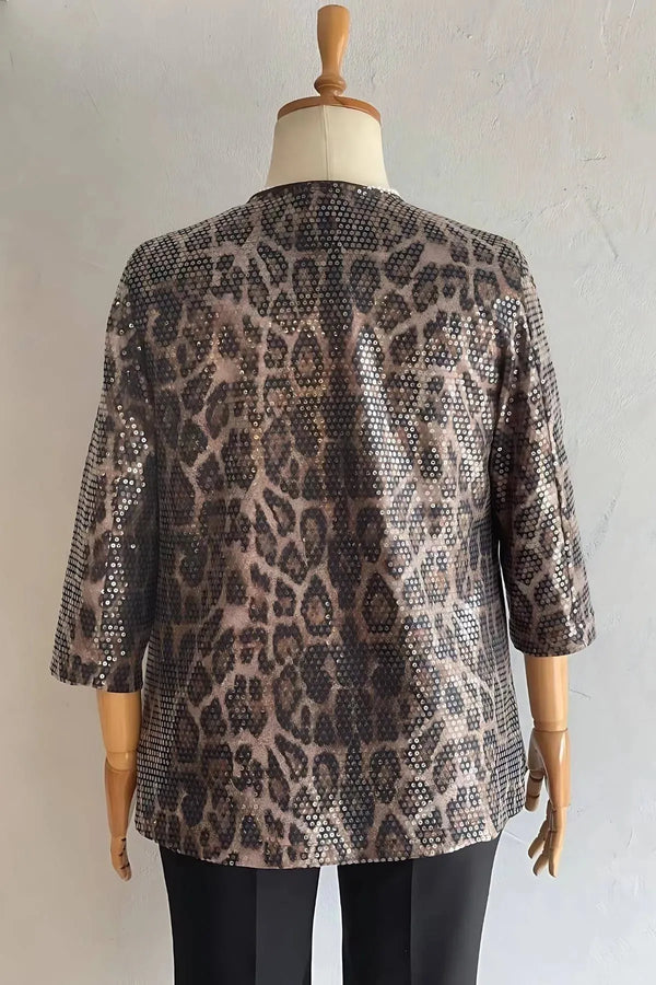 Жакет-накидка вечерний с леопардовым принтом – Стильный блейзер с рукавом 3/4 – Большие размеры