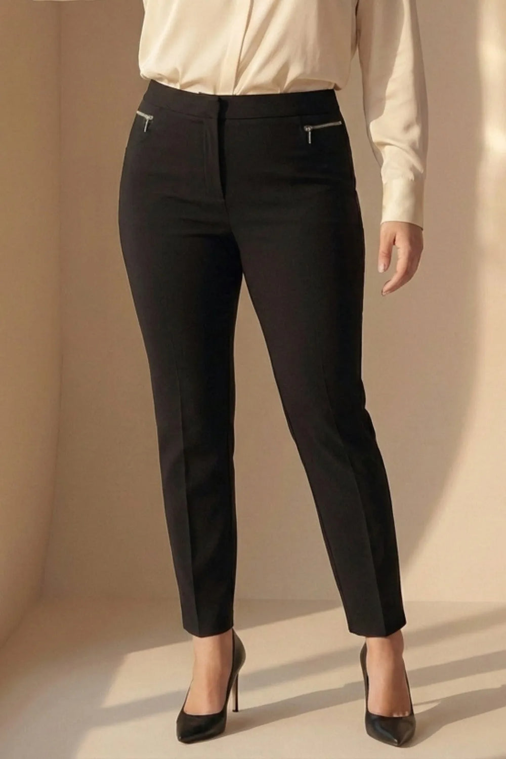 Plus Size High-Waist Lycra Cream Ankle-Length Atlas Trousers - Image 1