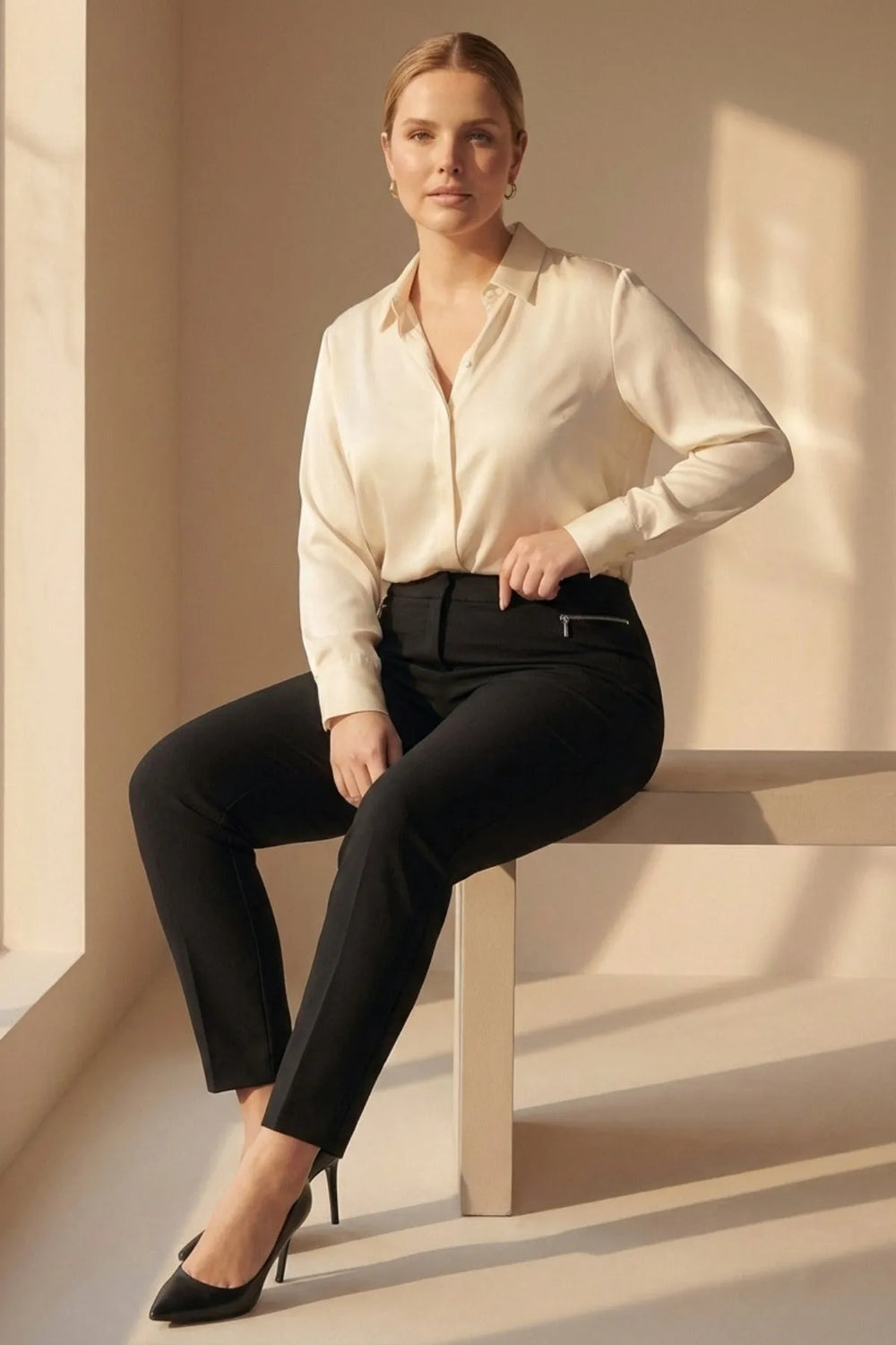 Plus Size High-Waist Lycra Cream Ankle-Length Atlas Trousers - Image 2