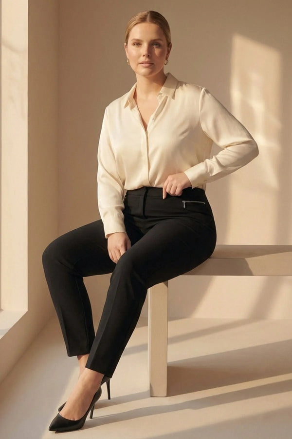 Plus Size High-Waist Lycra Cream Ankle-Length Atlas Trousers