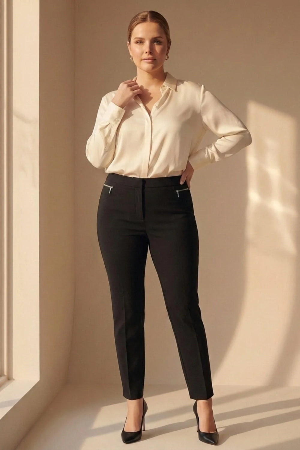 Plus Size High-Waist Lycra Cream Ankle-Length Atlas Trousers - Image 3