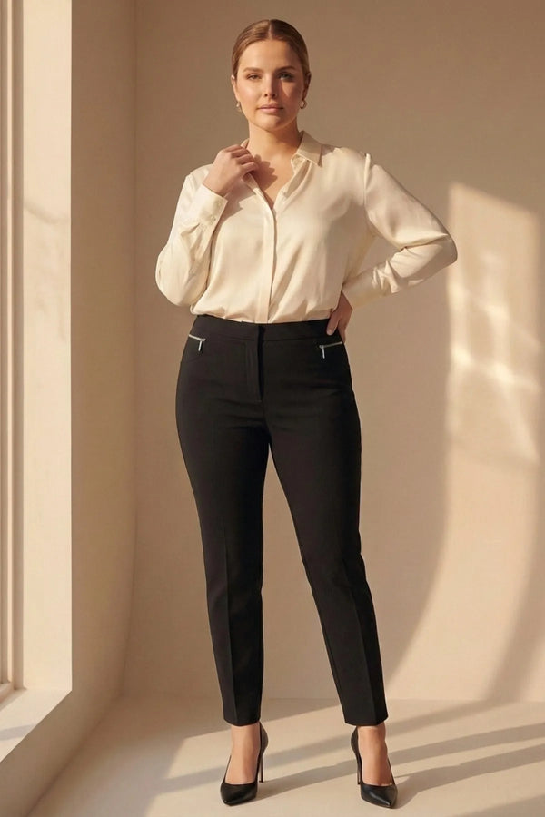 Plus Size High-Waist Lycra Cream Ankle-Length Atlas Trousers