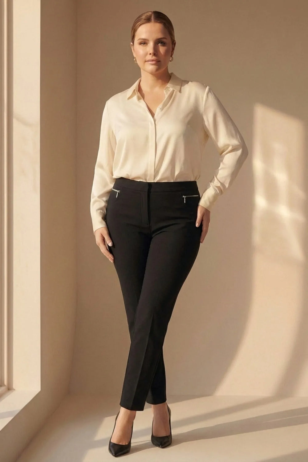 Plus Size High-Waist Lycra Cream Ankle-Length Atlas Trousers - Image 5