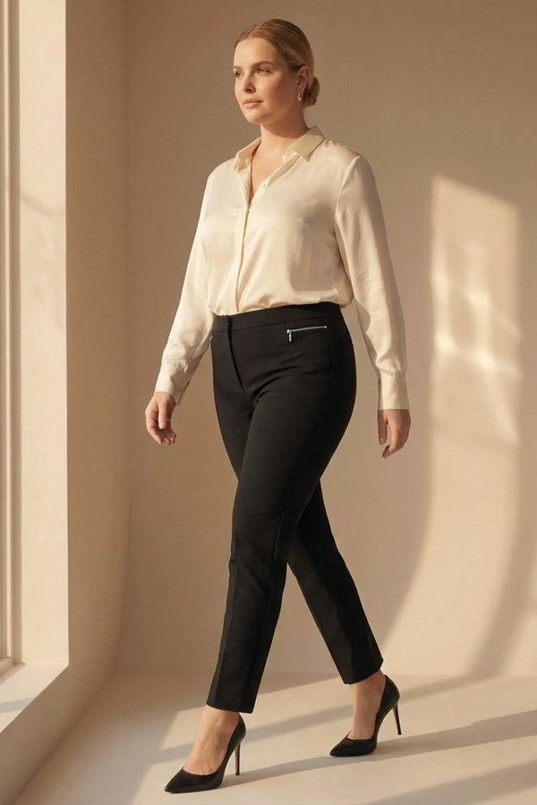 Plus Size High-Waist Lycra Cream Ankle-Length Atlas Trousers