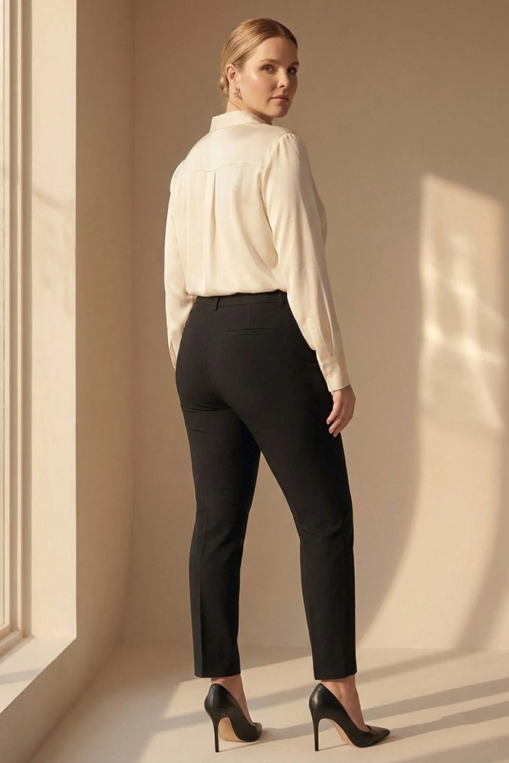 Plus Size High-Waist Lycra Cream Ankle-Length Atlas Trousers - Image 7