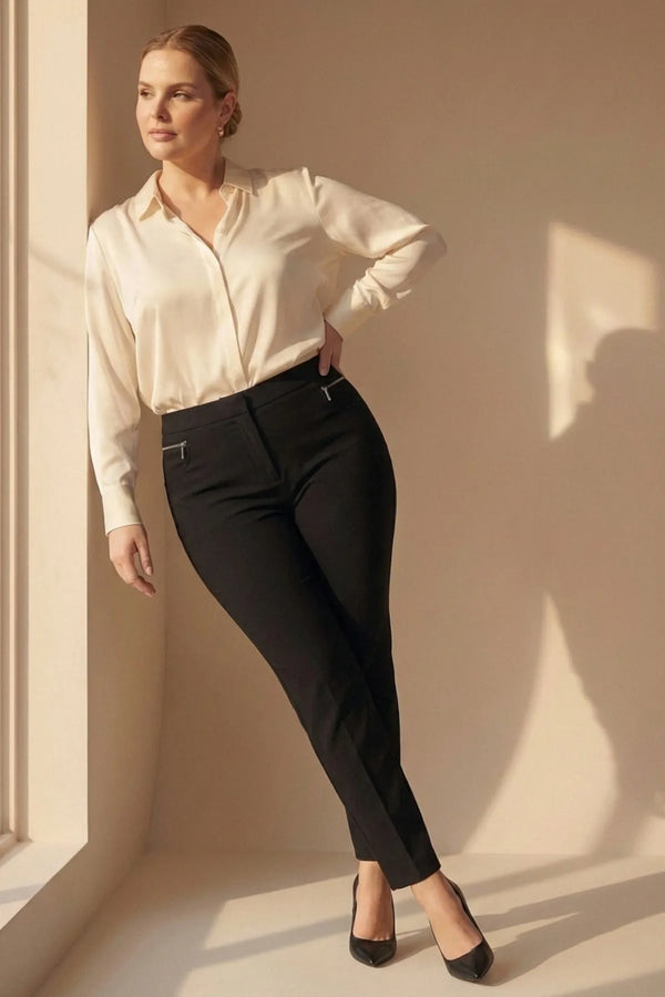 Plus Size High-Waist Lycra Cream Ankle-Length Atlas Trousers