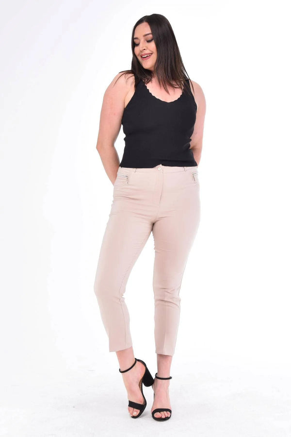 Plus Size High-Waist Lycra Cream Ankle-Length Atlas Trousers