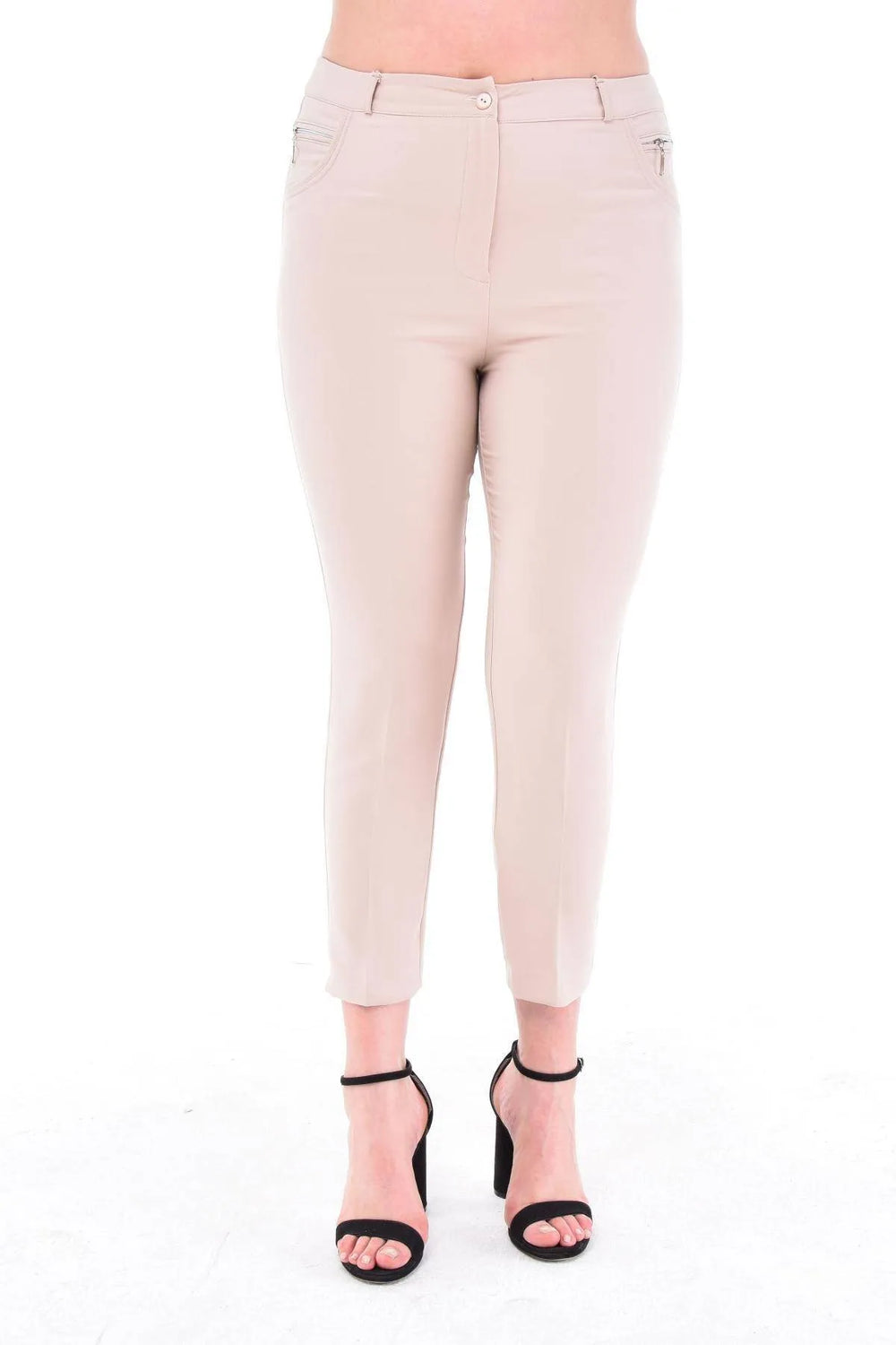 Plus Size High-Waist Lycra Cream Ankle-Length Atlas Trousers - Image 12