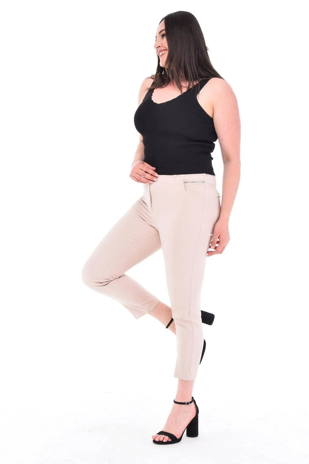 Plus Size High-Waist Lycra Cream Ankle-Length Atlas Trousers - Image 16