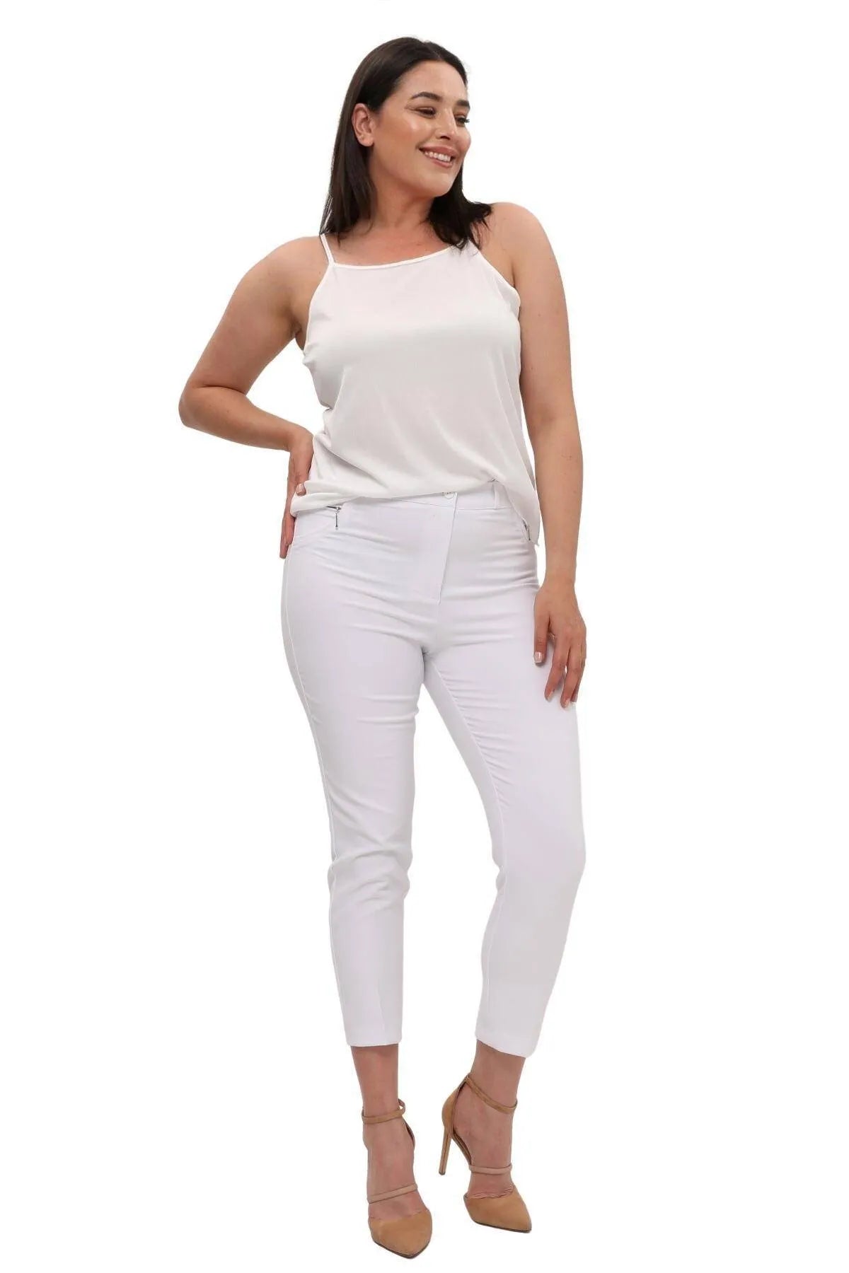 Hanezza Plus Size High-Waist Lycra Atlas-Hose – Knöchellang in Creme