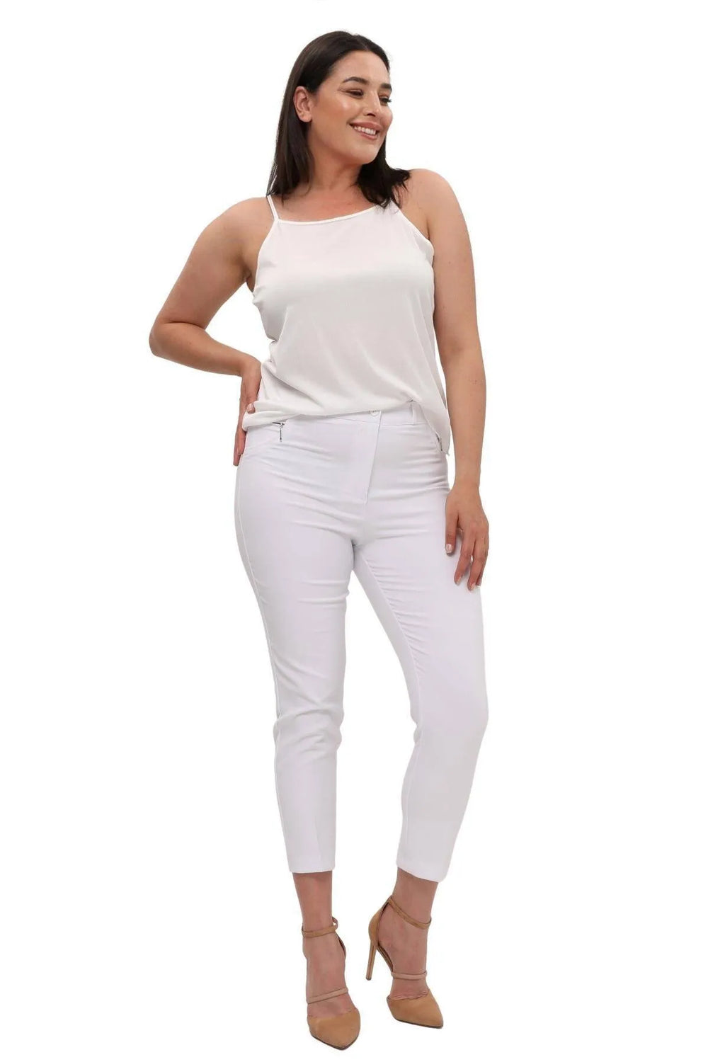 Plus Size High-Waist Lycra Cream Ankle-Length Atlas Trousers - Image 33