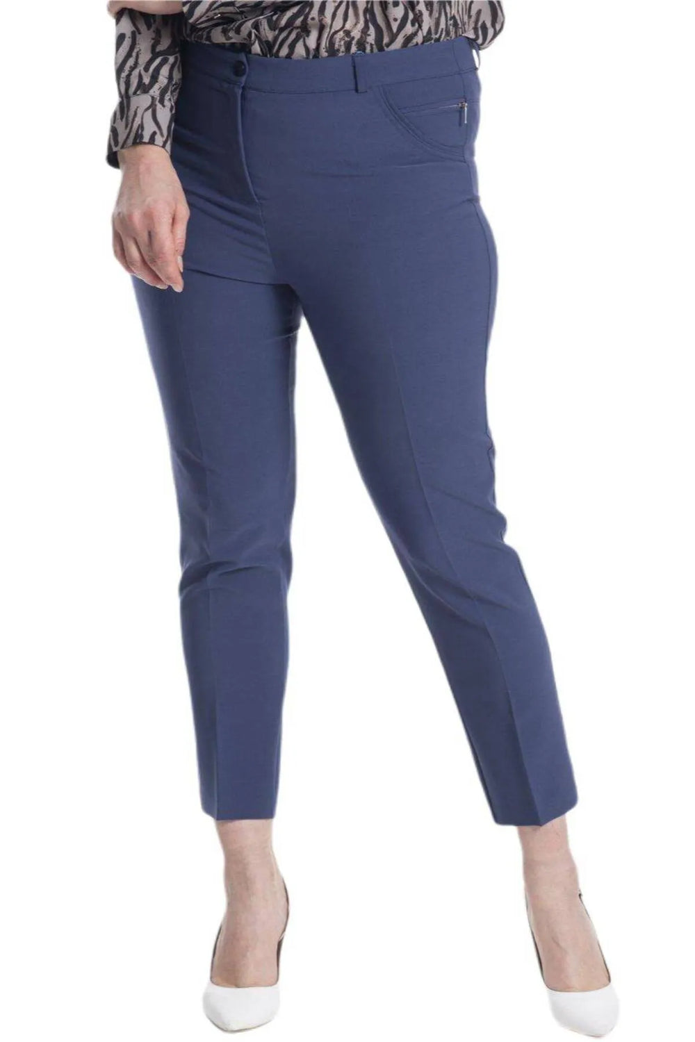 Plus Size High-Waist Lycra Cream Ankle-Length Atlas Trousers - Image 45