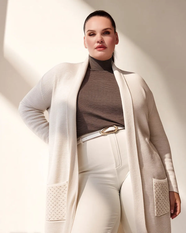 Büyük Beden Kadın Büyük Beden Şal Yaka Triko Hırka - Cepli Sim Detaylı Akrilik Ticari Ürün Krem