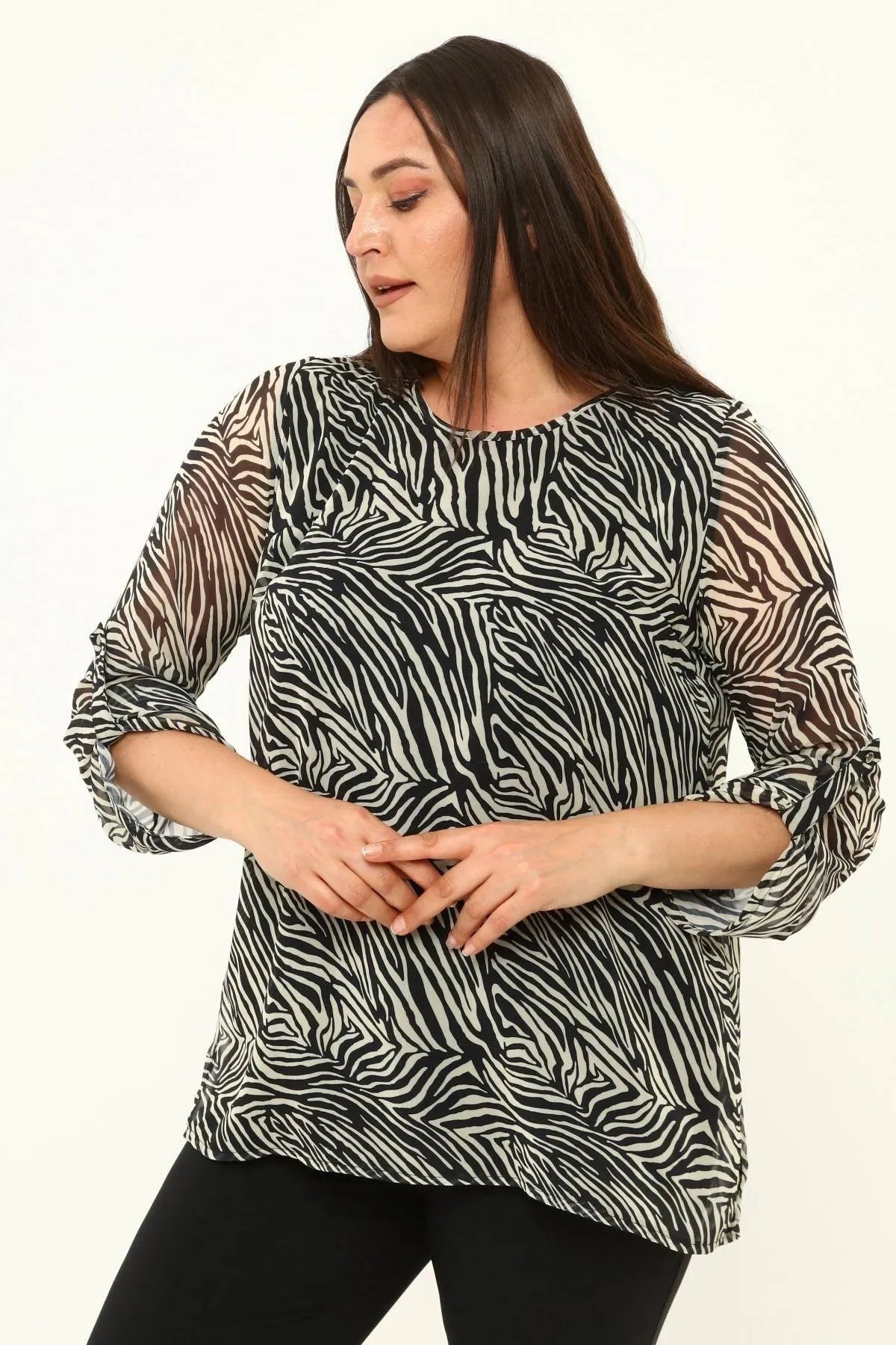 Büyük Beden Kadın Büyük Beden Şifon Bluz Zebra Desenli - Pamuklu Viskon Kumaş Büyük Beden Bluz Siyah Beyaz Zebra Desenli
