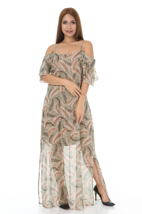 Büyük Beden Kadın Büyük Beden Şifon Maxi Elbise Çiçek Desenli Pamuklu Viskon Büyük Beden Elbise Bej Yaprak Desenli