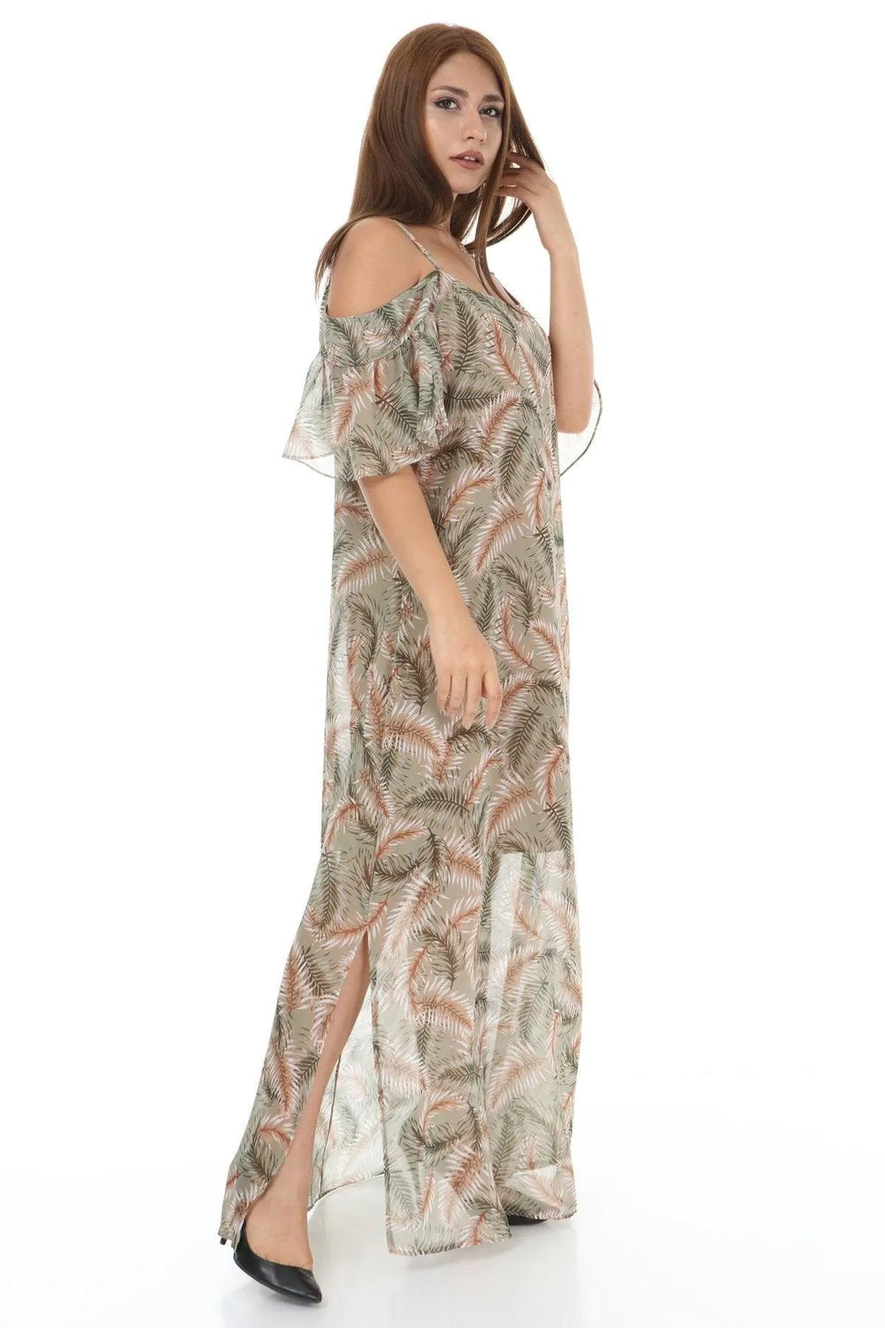 Büyük Beden Şifon Maxi Elbise Çiçek Desenli Pamuklu Viskon - Image 4