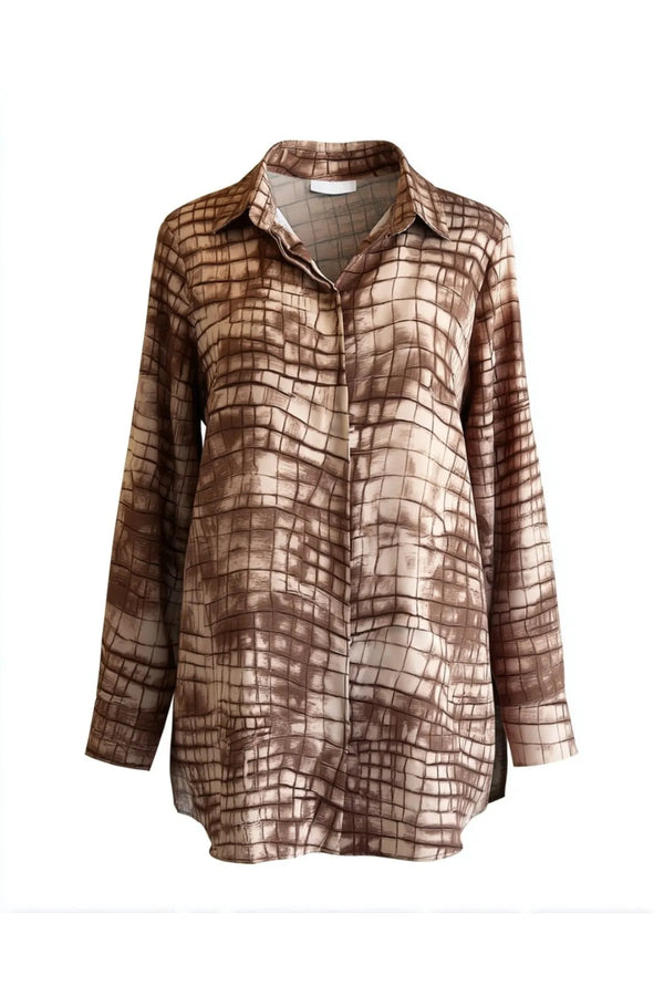 Büyük Beden Kadın Büyük Beden Şık Desenli Saten Krep Gömlek Büyük Beden Gömlek Kahverengi Desenli