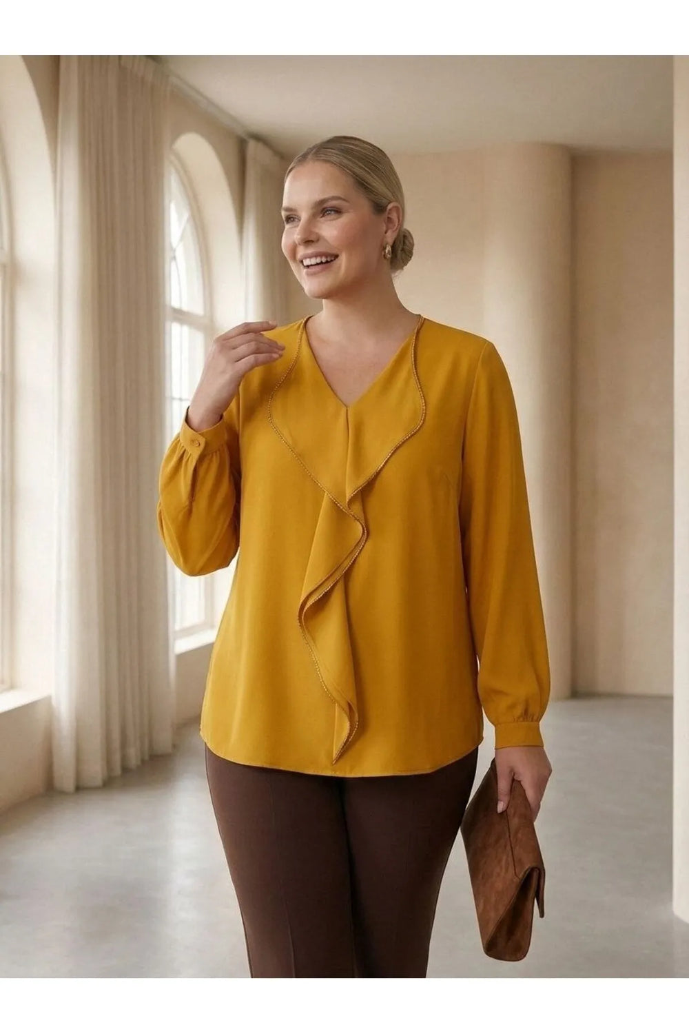 Plus Size Elegant Ruffled Evening Blouse - Needle Lace & Bead Detailed - Jessica Fabric - Image 1