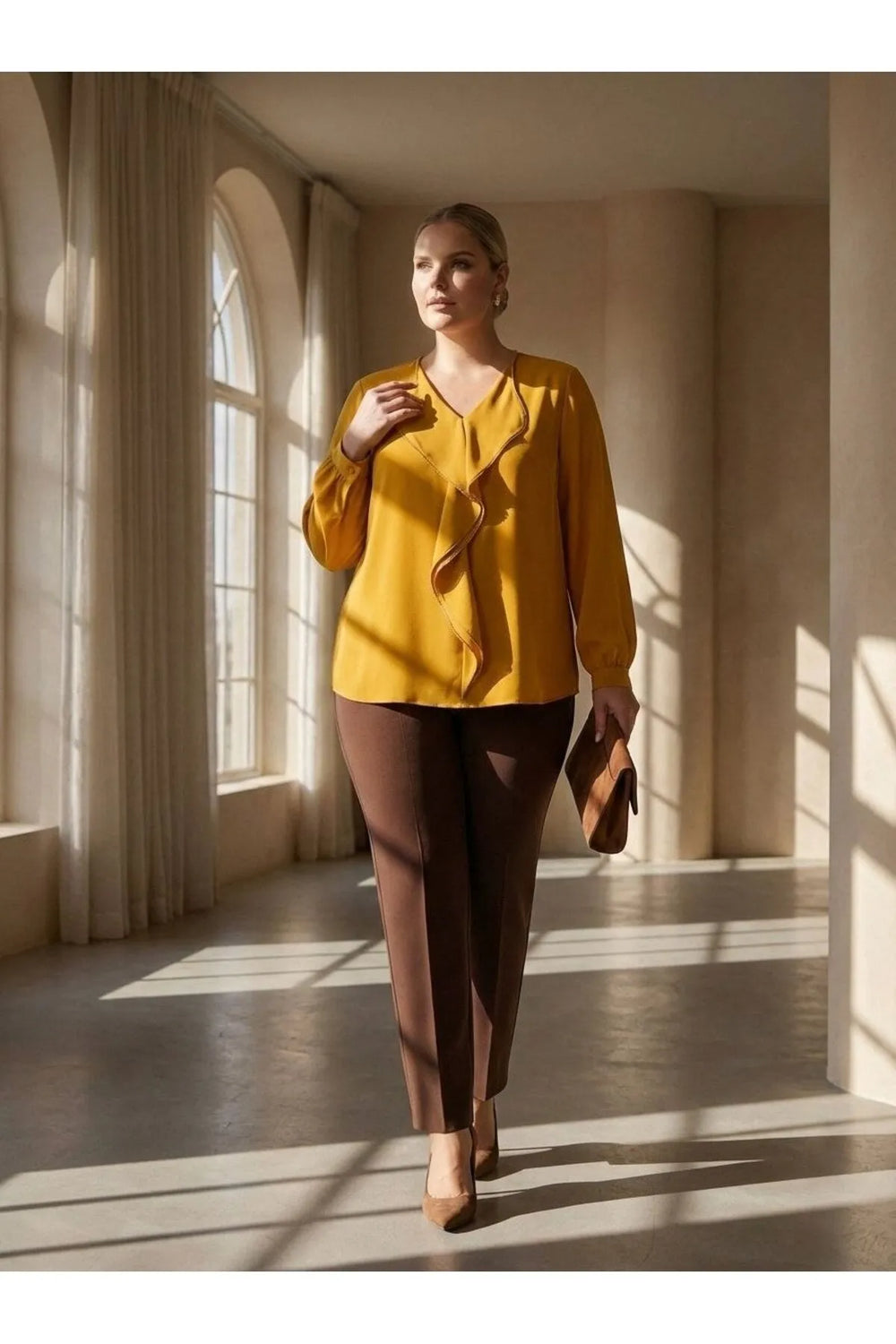 Plus Size Elegant Ruffled Evening Blouse - Needle Lace & Bead Detailed - Jessica Fabric - Image 4