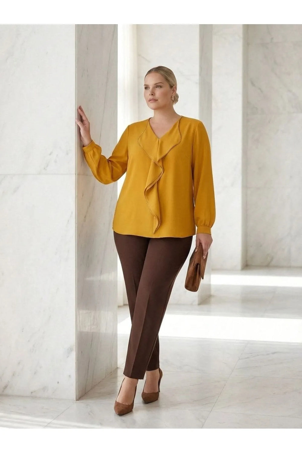 Plus Size Elegant Ruffled Evening Blouse - Needle Lace & Bead Detailed - Jessica Fabric - Image 5