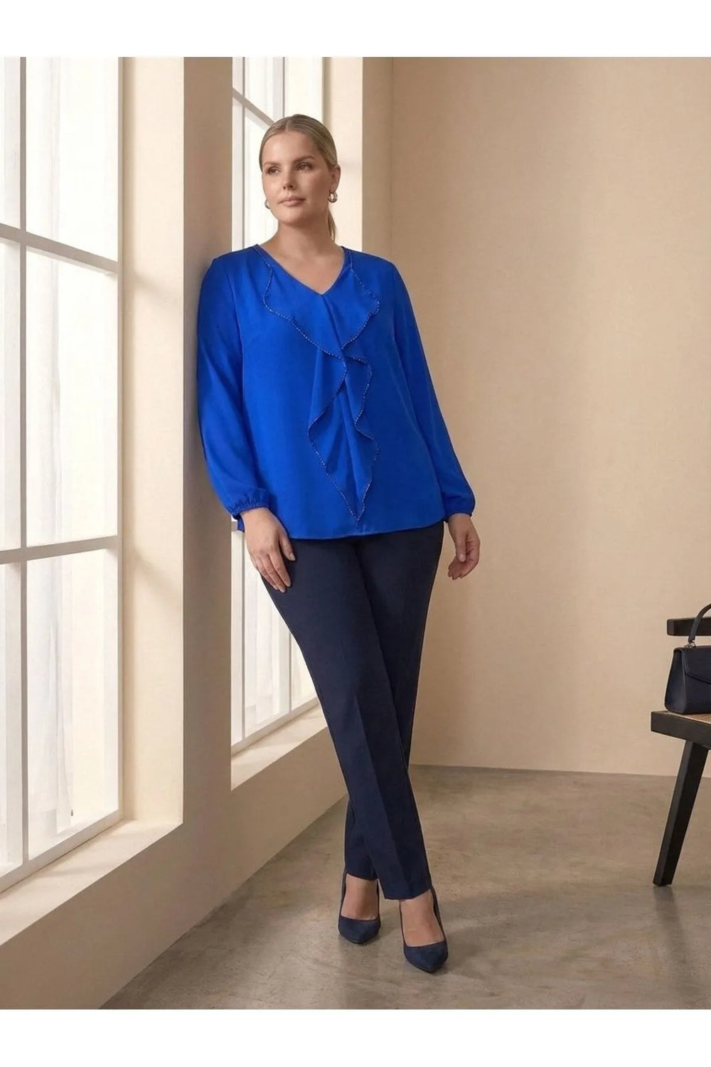 Plus Size Elegant Ruffled Evening Blouse - Needle Lace & Bead Detailed - Jessica Fabric - Image 7