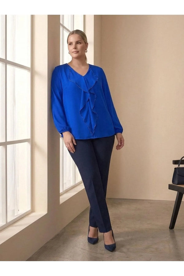 Plus Size Elegant Ruffled Evening Blouse - Needle Lace & Bead Detailed - Jessica Fabric