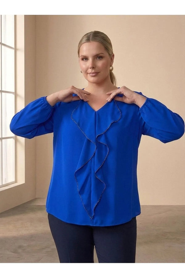 Plus Size Elegant Ruffled Evening Blouse - Needle Lace & Bead Detailed - Jessica Fabric