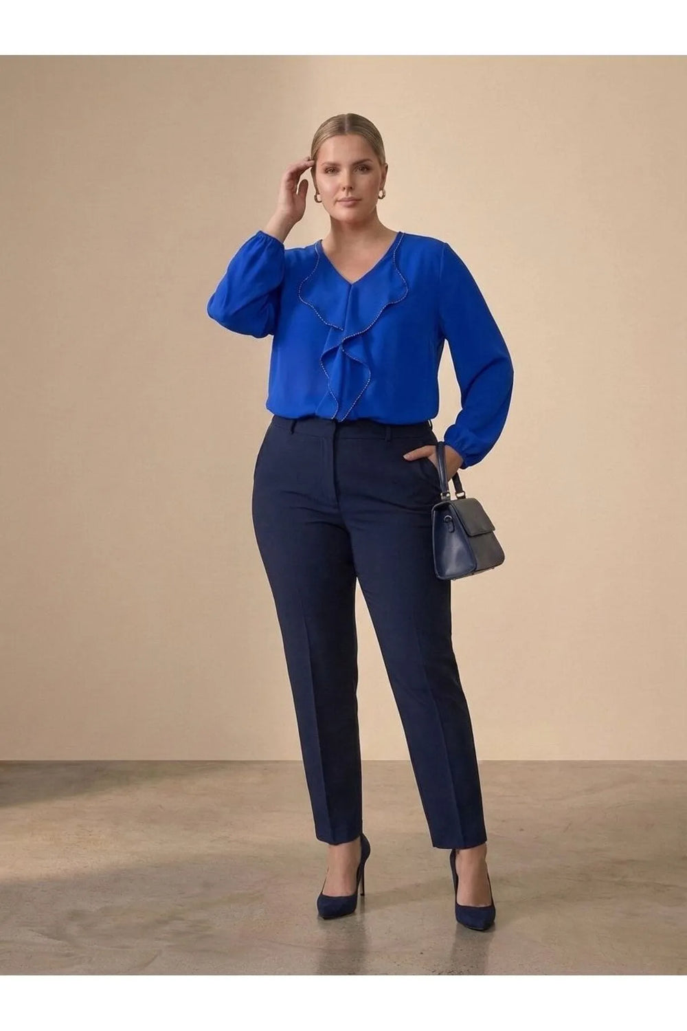 Plus Size Elegant Ruffled Evening Blouse - Needle Lace & Bead Detailed - Jessica Fabric - Image 8