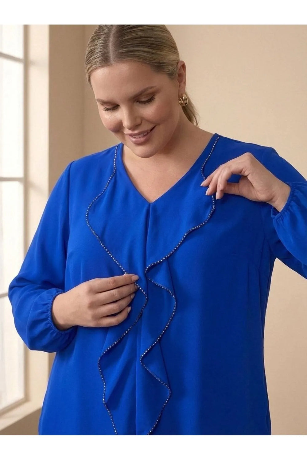 Plus Size Elegant Ruffled Evening Blouse - Needle Lace & Bead Detailed - Jessica Fabric - Image 10