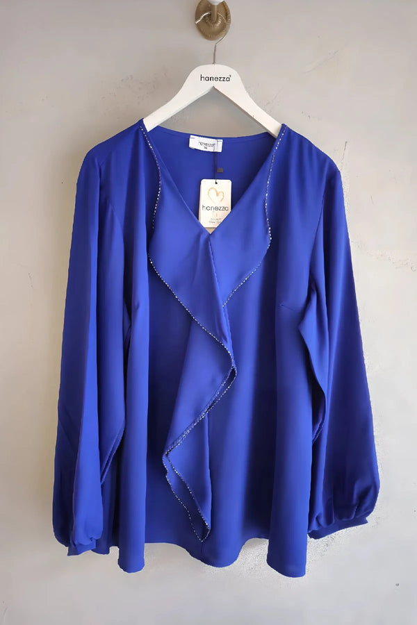 Plus Size Elegant Ruffled Evening Blouse - Needle Lace & Bead Detailed - Jessica Fabric