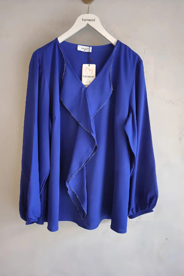 Plus Size Elegant Ruffled Evening Blouse - Needle Lace & Bead Detailed - Jessica Fabric