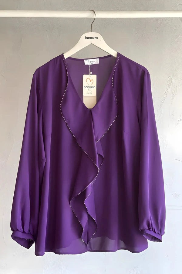 Plus Size Elegant Ruffled Evening Blouse - Needle Lace & Bead Detailed - Jessica Fabric