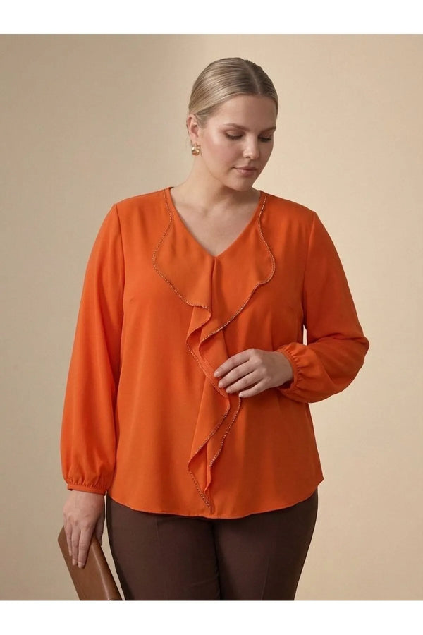 Plus Size Elegant Ruffled Evening Blouse - Needle Lace & Bead Detailed - Jessica Fabric