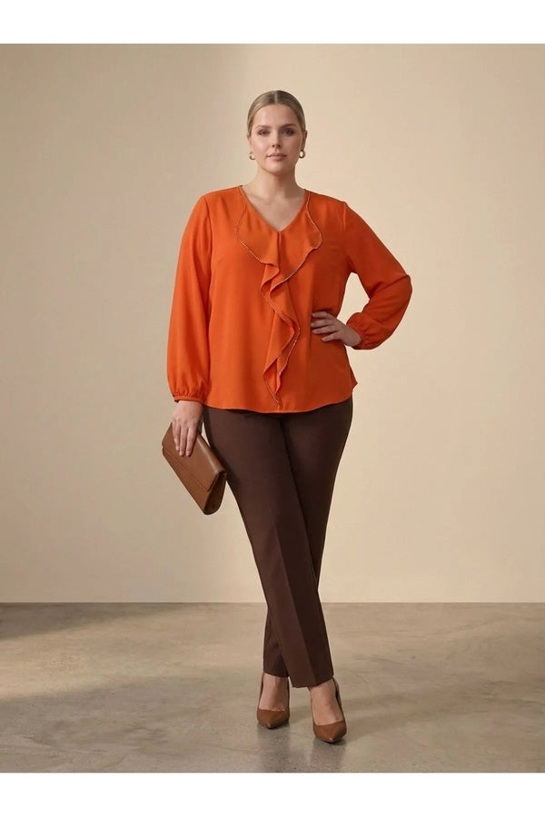 Plus Size Elegant Ruffled Evening Blouse - Needle Lace & Bead Detailed - Jessica Fabric