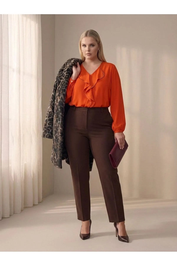 Plus Size Elegant Ruffled Evening Blouse - Needle Lace & Bead Detailed - Jessica Fabric