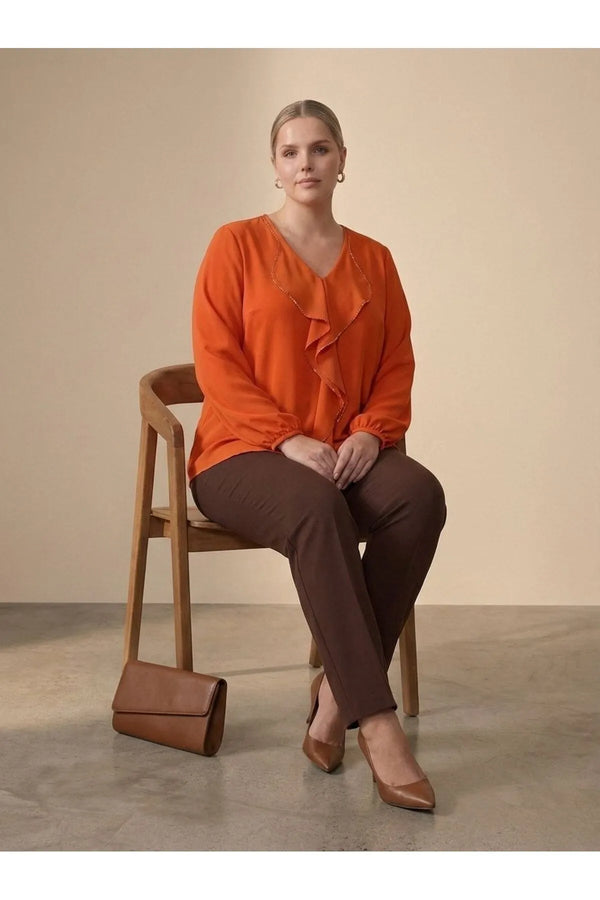 Plus Size Elegant Ruffled Evening Blouse - Needle Lace & Bead Detailed - Jessica Fabric