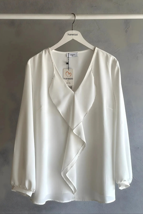 Plus Size Elegant Ruffled Evening Blouse - Needle Lace & Bead Detailed - Jessica Fabric