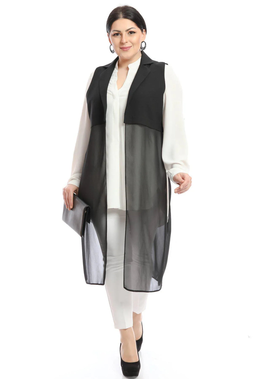 Plus Size Elegant Crepe Vest White Long Cut - HANEZZA - Image 6