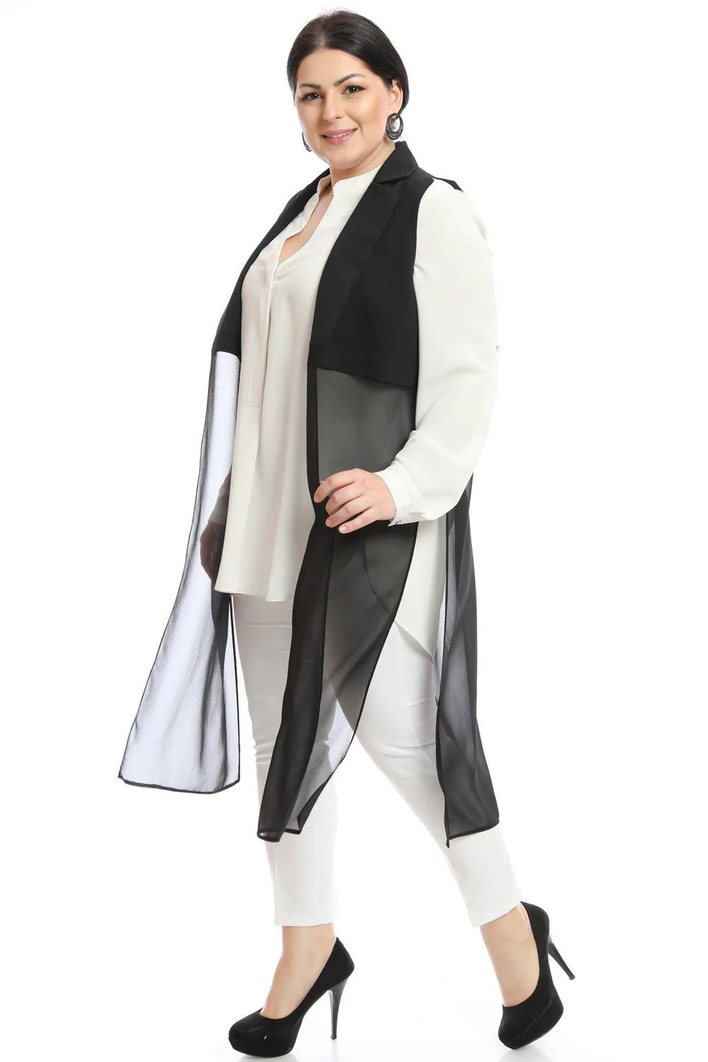 Plus Size Elegant Crepe Vest White Long Cut - HANEZZA - Image 9