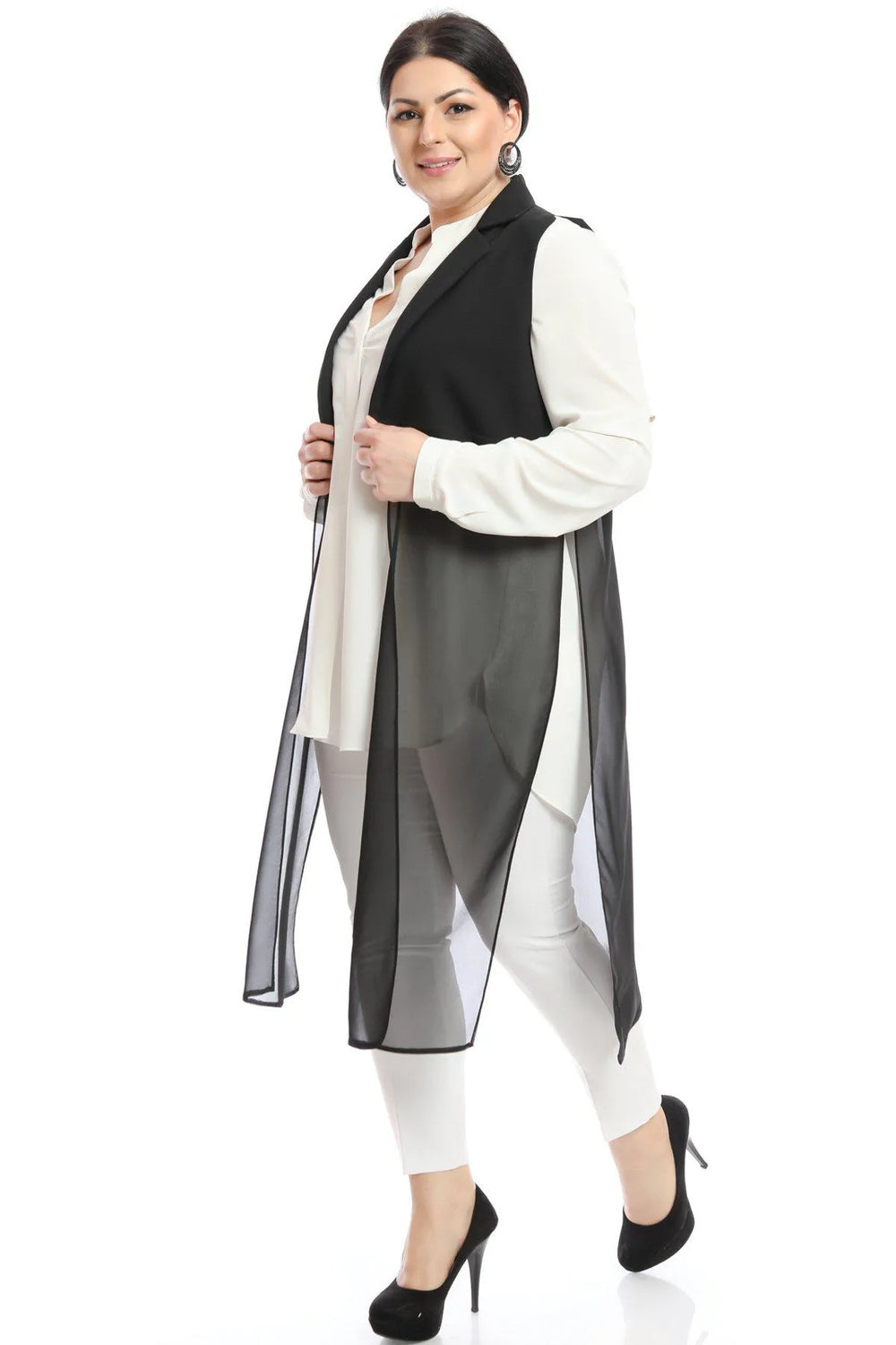 Plus Size Elegant Crepe Vest White Long Cut - HANEZZA - Image 7