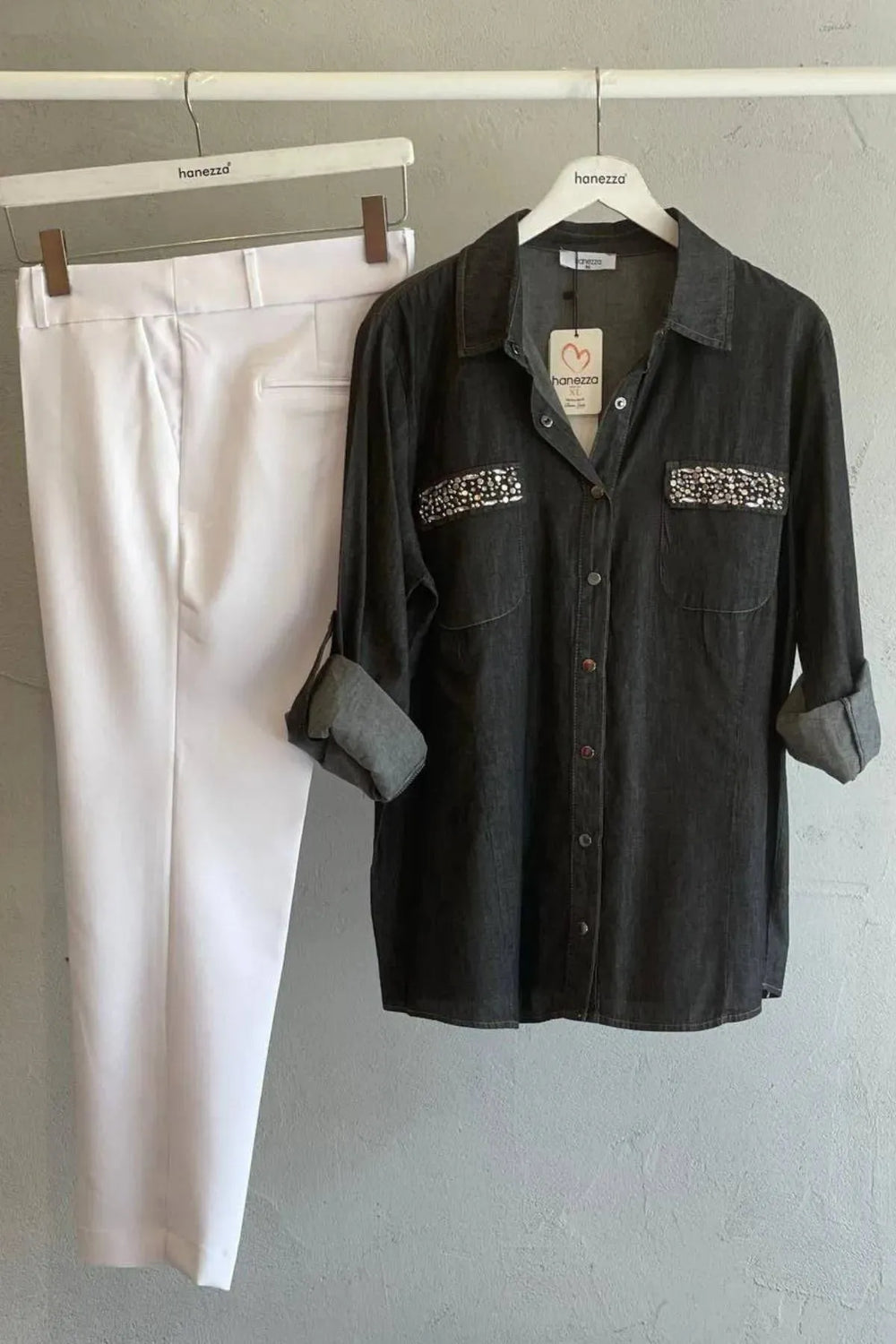 Plus Size Stone Detailed Denim Shirt - Navy Blue & Black Long Sleeve - Image 1