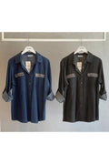Plus Size Stone Detailed Denim Shirt - Navy Blue & Black Long Sleeve